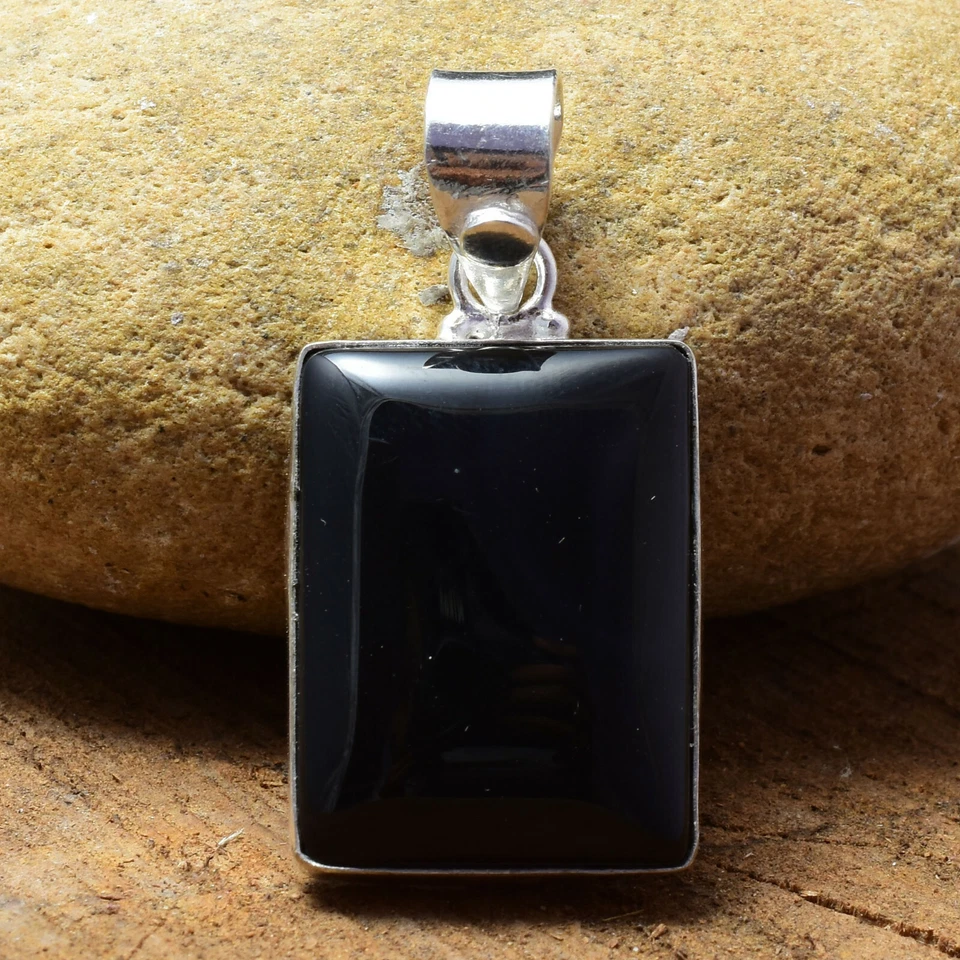 Fabulous Black Onyx Gemstone 925 Sterling Silver Handmade Pear Pendant FK-91 - Immagine 2 di 4