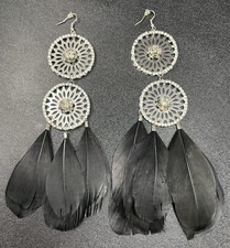 Vintage Huge 7” Black Feather Rhinestone Flower Dangle Earrings