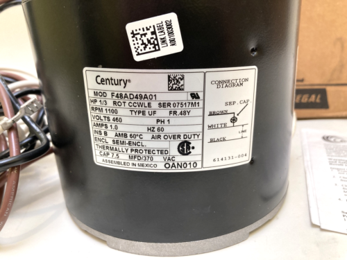 CENTURY OAN010 F48AD49A01 PSC 1/3 HP 1100 RPM 460V 48Y OAO Fan Motor Fast Ship! - Picture 2 of 5