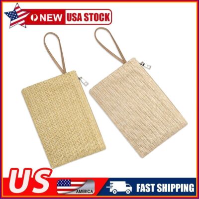 Boho Straw Clutch Bag Zipper Wristlet Holiday Beach Handbag for Women Girls LAVA
