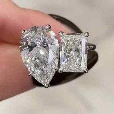 Toi Et Moi 6.1Ctw Pear&Radinat Moissanite Engagement Ring 14K White Gold Plated