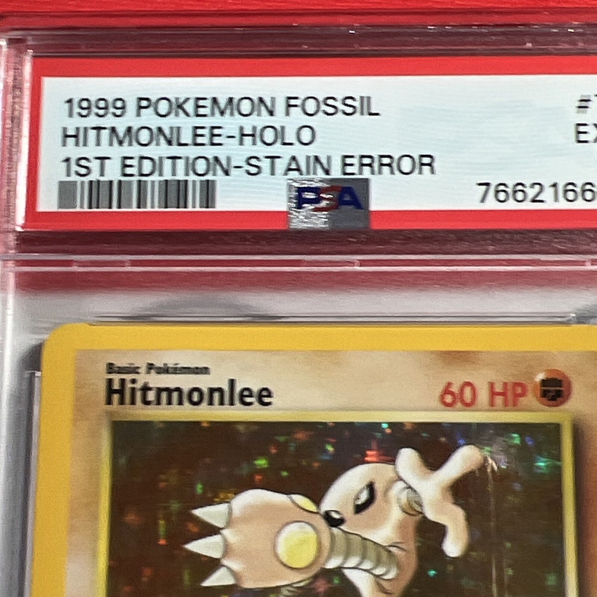 PSA 5 STAIN ERROR Hitmonlee Cigar Holo #7/62 Fossil 1st Ed PSA 5 STAIN ERROR Hitmonlee Cigar Holo #7/62 Fossil 1st Ed