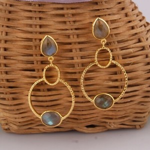 Authentic 18k Gold Plated Beautiful Labradorite Gemstone Texture Dangle Earrings Jewelry