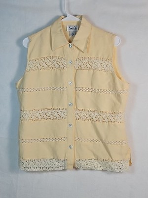 Sweet Life Women's Sleeveless Button up Blouse Cream w/ Crochet  Accents Sz: 12