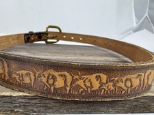 Vintage Tooled Leather Western Skinny Belt 30 Cows Textan Cowboy Cowgirl USA