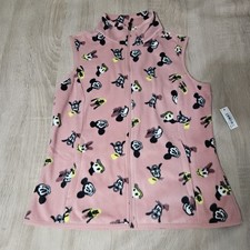 Disney Womens Size M Pink Full Zip Fleece Vest Pluto Mickey Daisy Goofy Donald