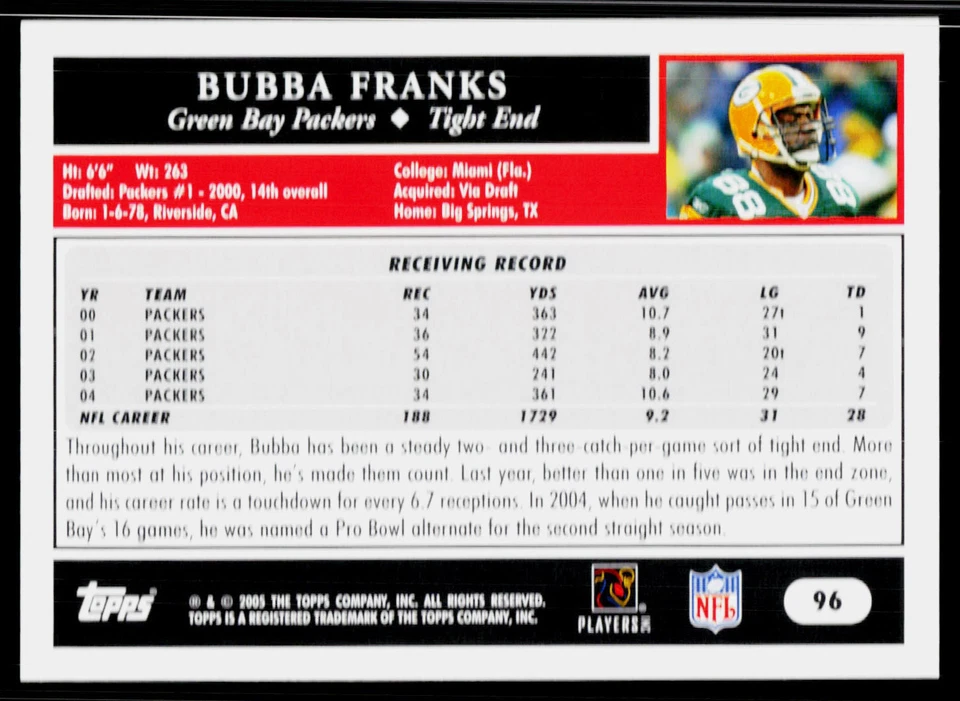 Bubba Franks, 2005 Topps, #96, Green Bay Packers, - Image 2 of 2