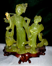 Chinese Hand Carved Filo Grape Green Jade Classic Beauties Statue 6.8" Tall/Base