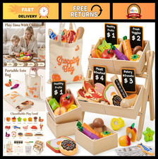 40 Pcs Wooden Play Food Set with Grocery Shelf Cutting Toys for Kids 3-7