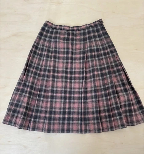 Vintage Pendleton Gray Pink Plaid Wool Drop Waist Pleated Midi Skirt Size 14
