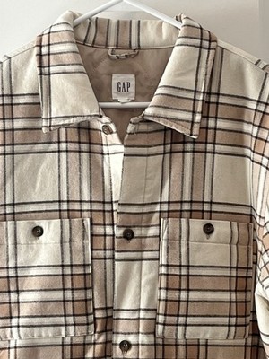 Gap Shacket Men s Large Beige Plaid Flannel Quilted Shirt Jacket Chore NWT $99