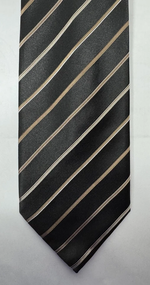 Brioni, Itialian Silk, Handmade Black, Tan, Silver Stripe Tie - Image 2 of 3