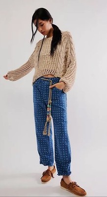 Free People Dr. Collectors Carpenter Block Print Pant Rope Drawstring Blue M NWT