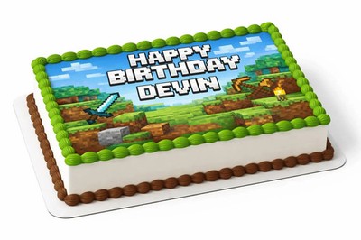 Pixel Gamer Birthday Edible Cake Image 1/4 Sheet Video Game Party Personalized