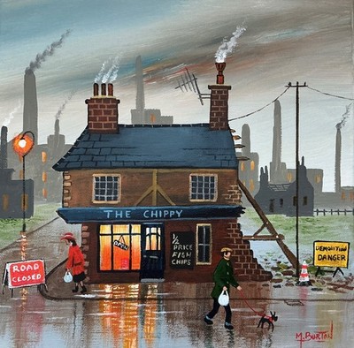 MAL.BURTON ORIGINAL OIL PAINTING ..THE LAST FISH SUPPER.. NORTHERN ART DIRECT .