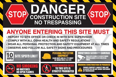 Danger Construction Site - Job Site Safety, Trespassing, and Warning Banner