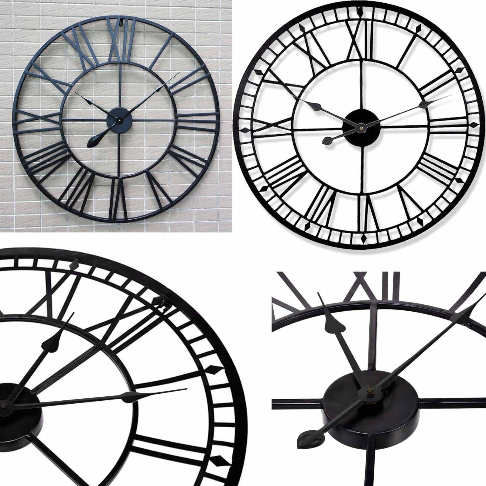 Metal Black Large 78cm Wall Clock Roman Numeral Giant Open Face Home Skeleton UK
