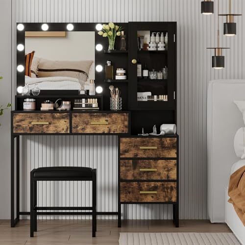 GAOMON 53.5" Large Vanity Desk with Bench Makeup Vanity with Rustic