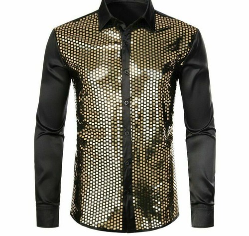 Party Shirts Men Dress Shiny Gold 