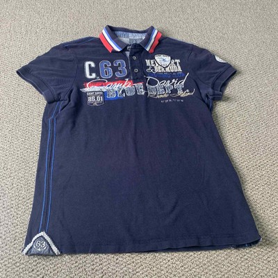 Camp David Mens Polo Shirt Size Medium Blue Embroidered Patches Short Sleeves