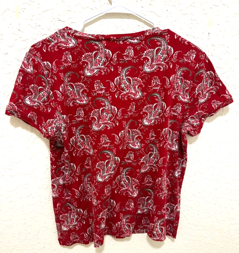 Chaps Women's Casual Top Red Paisley Knit Short Sleeves Button Tab XL - Picture 2 of 3
