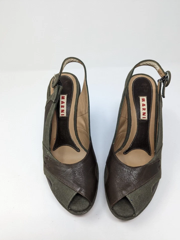 Zapatos de salón MARNI Slingback Peep Toe marrón verde EE. UU. 6,5 IT 36,5 tacones Foto 3 de 4