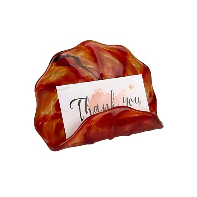 Art Glass Orange Red Business Card Holder Floral Fan Decoration Office Vintage