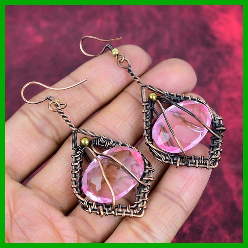 Copper Natural Pink Kunzite Boho Drop Dangle Hook Wire Wrapped Earrings Jewelry - Picture 5 of 6