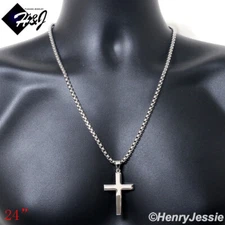 18"-40"MEN Stainless Steel 4mm Silver Box Link Necklace Plain Cross Pendant*P64