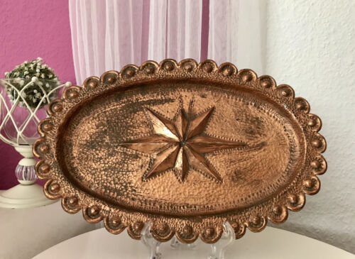 Antique Large Oval Bowl Ornamental Bowl Stretched Star Relief Hamner's Beat Copper - Picture 1 of 12