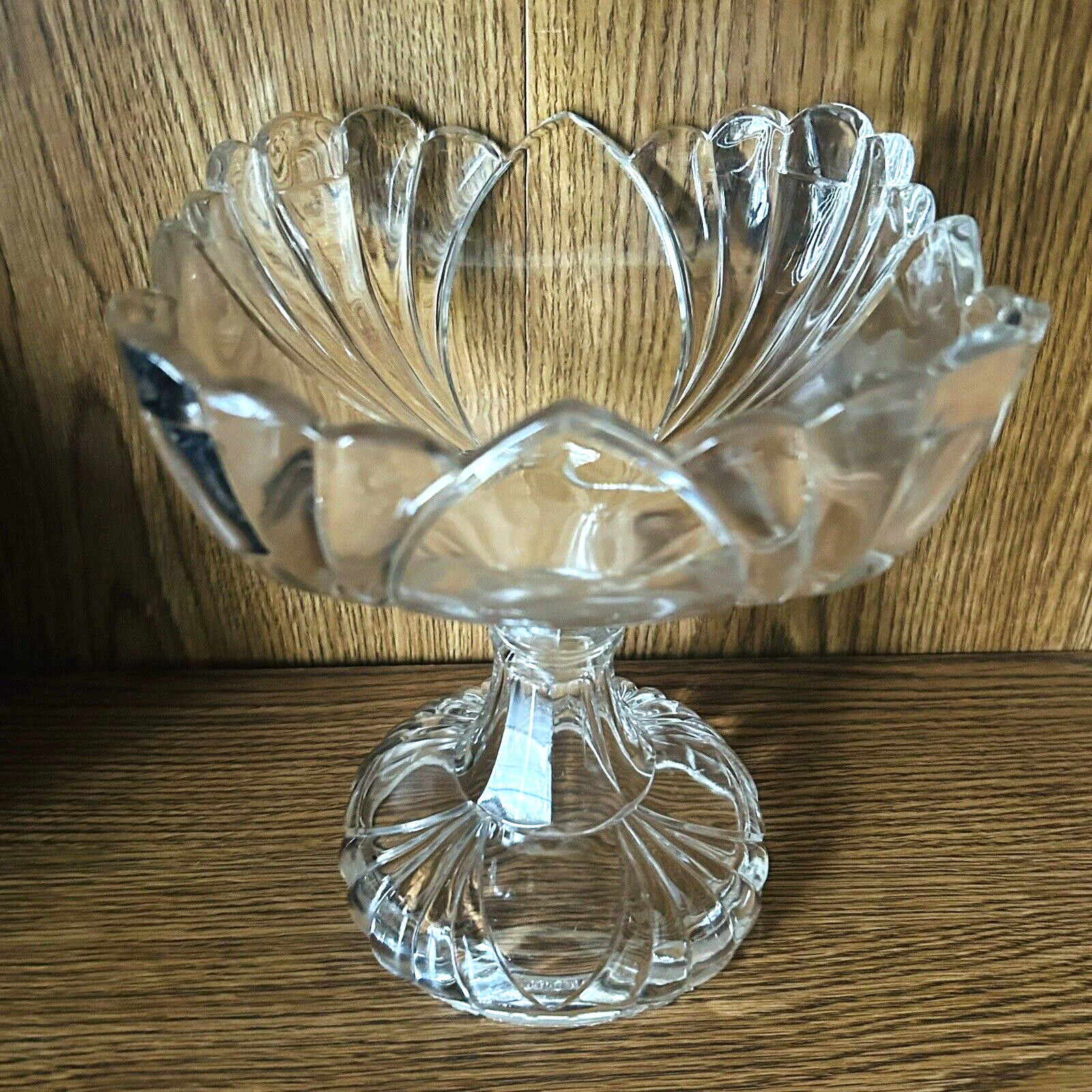 Vintage Clear Glass Pedestal Compote Candy Dish Floral Scalloped EAPG 7.5"