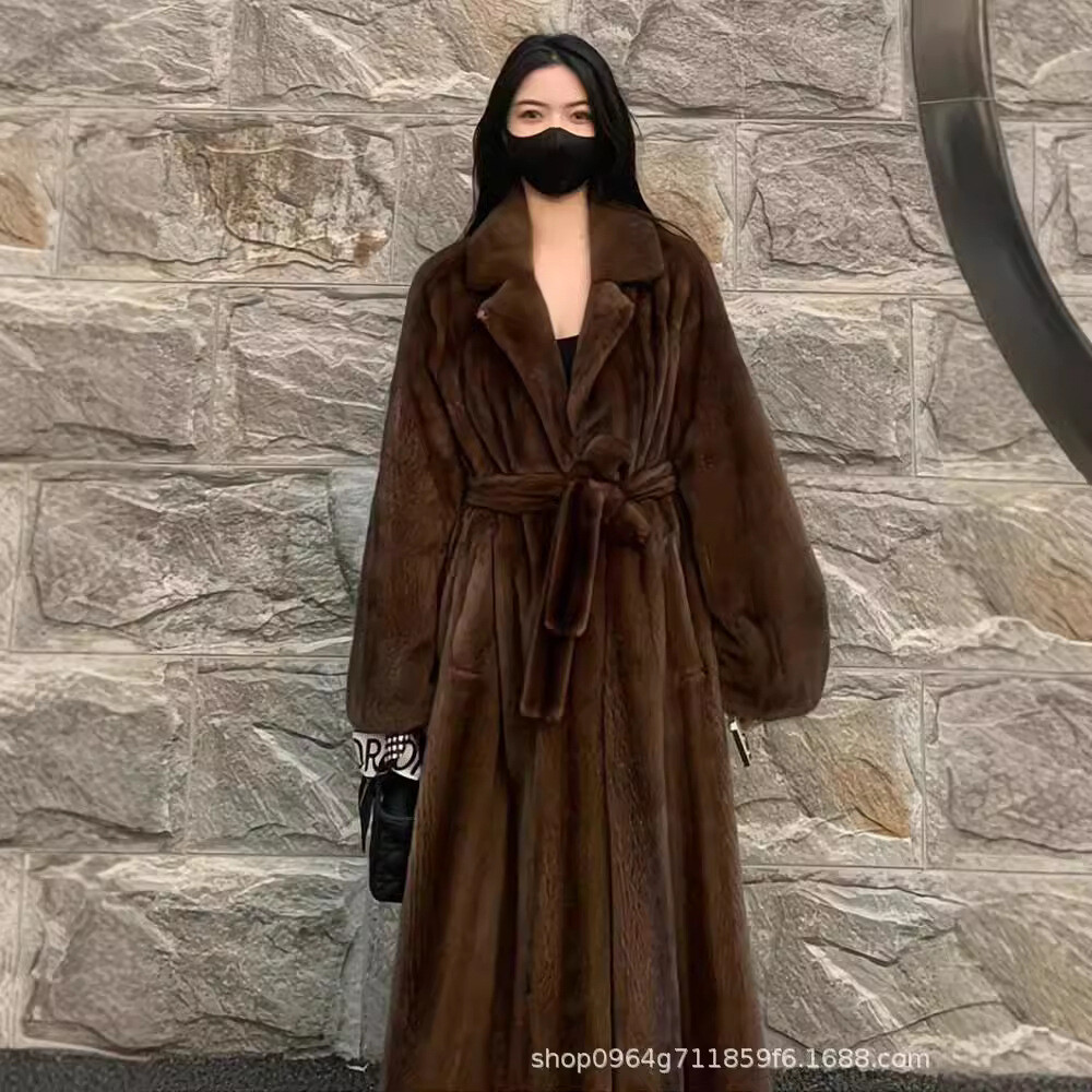 Luxury Faux Mink Fur Trench Coat for Women 2024 Winter Lapel Collar Long Jacket