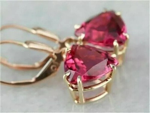 3Ct Lab Created Pink Tourmaline Drop/Dangle Earrings 14K Yellow Gold Plated - Picture 7 of 7