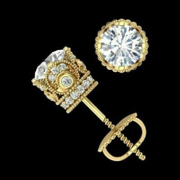 4Ct Lab Created Diamond Solitaire Stud Screw Back Earrings 14K Yellow Gold Plate