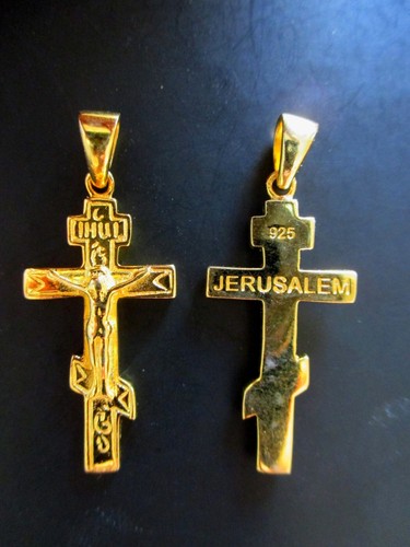 LARGE GILDED STERLING SILVER ORTHODOX CROSS, PENDANT FROM JERUSALEM, BLESSED #19 - Picture 4 of 5