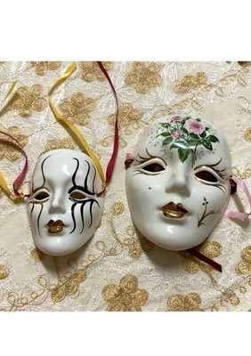 Set of 2 Hand Painted Ceramic Abstract Face Masks White Black Gold Wall Art