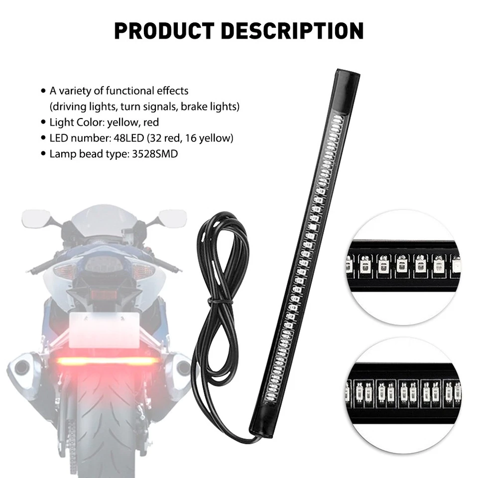48 LED Flexible Ámbar Intermitente 2 Tira Integrada Freno/Lámparas Traseras Motocicleta Foto 4 de 4