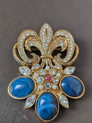 Barrera Avon Vintage Fleur de Lis Brosche Anhänger Gold Blau Strass 2-fach ge...