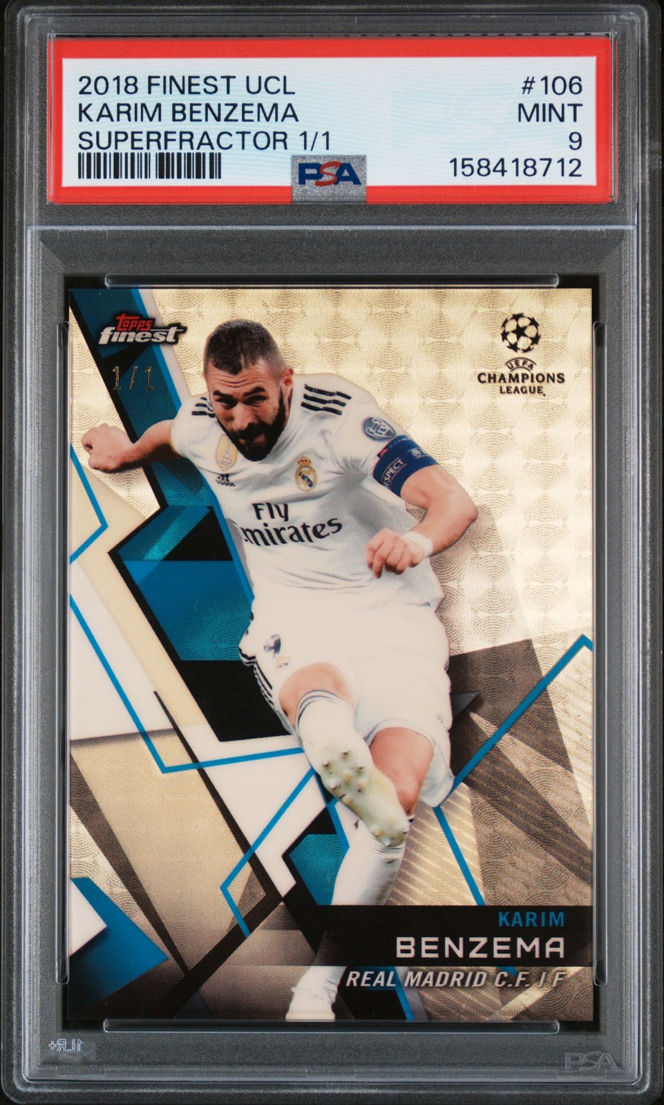 2018 TOPPS FINEST CHAMPIONS LEAGUE SUPERFRACTOR 1/1 #106 KARIM BENZEMA 1/1 PSA 9 view 1