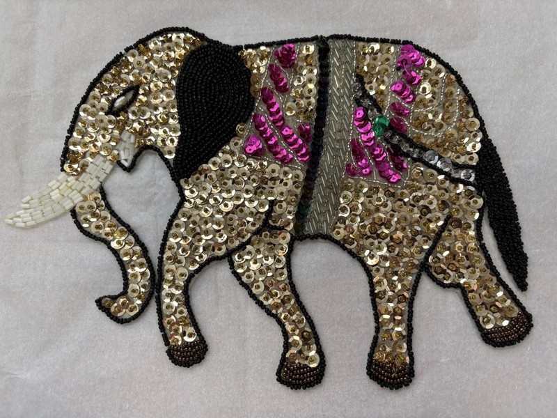 Vintage Beaded Sequined Appliqué Patch Elephant