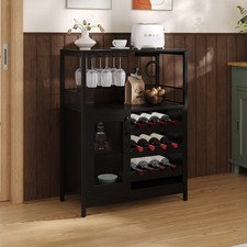 Black Storage Sideboard with LED Strip Wine Coffee Glass Organizer with Sockets
