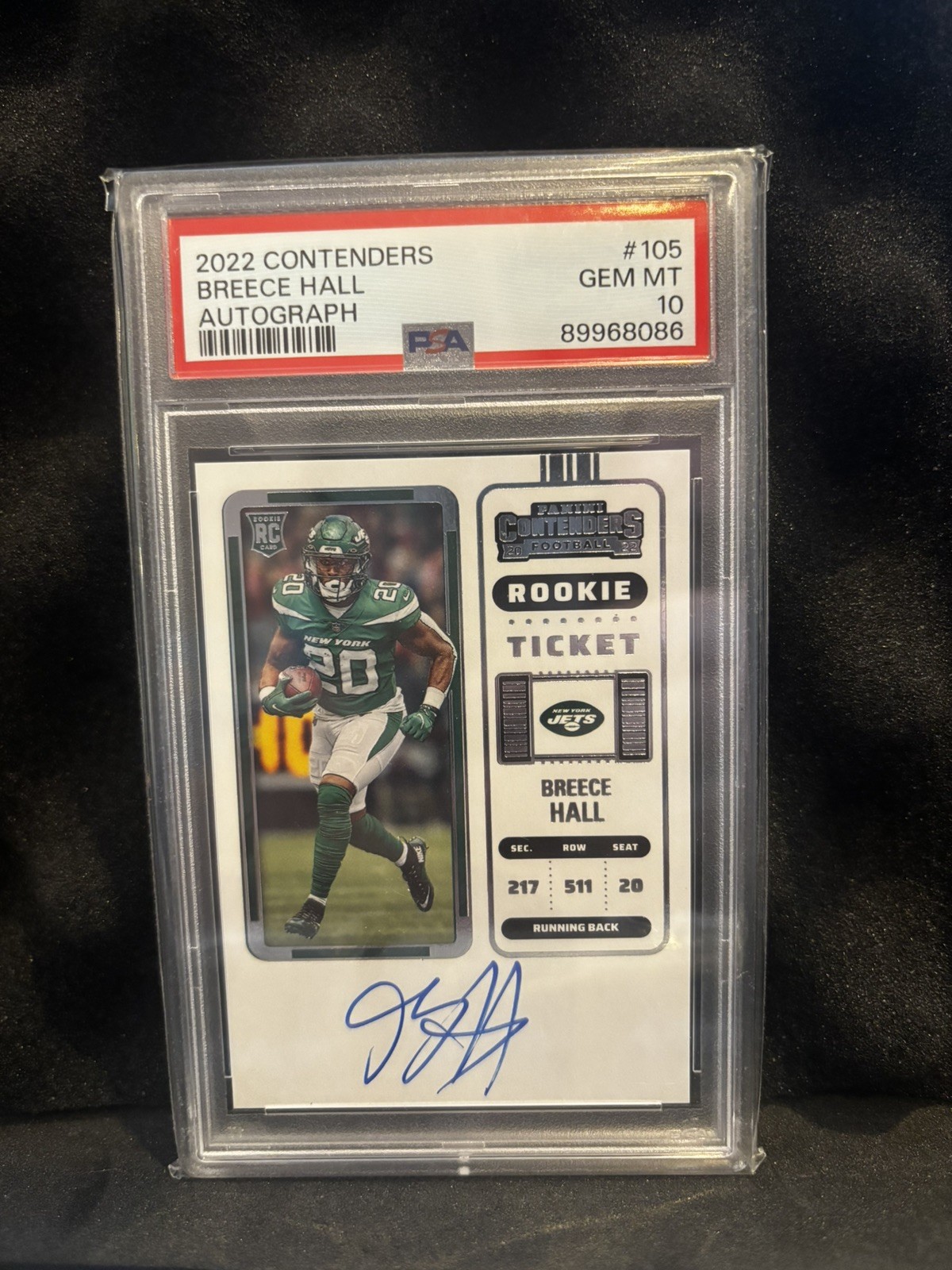 Panini 2022 Contenders Rookie Ticket RPS Breece Hall Jets Auto #105 PSA 10