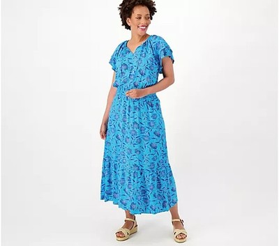 Destination 365 Midi Dress with Smocking-Turquoise Flrl-XXS A596751 NEW