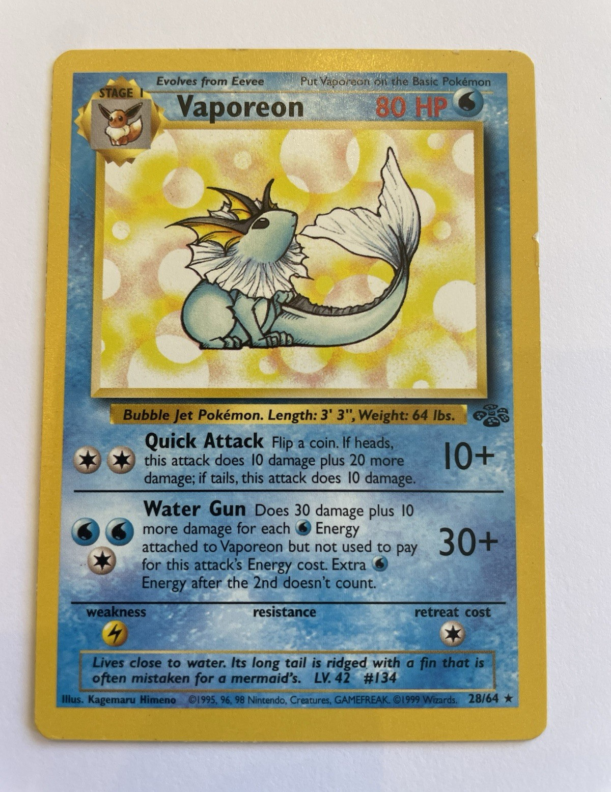 Pokémon Vaporeon Jungle 28/64 Holo Rare 1999 Wizards Unlimited Stage 1