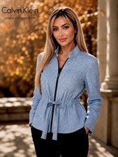 Calvin Klein Women s Blue Solid Zip Front linen Belted Jacket Long Sleeve S