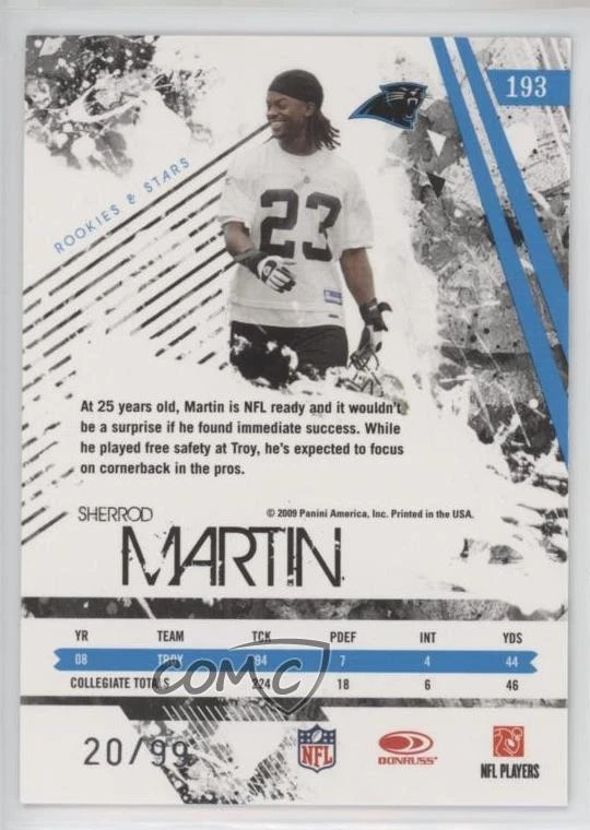 2009 Donruss Rookies & Stars Longevity Parallel Holofoil /99 Sherrod Martin RC - Image 2 of 2