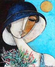 BRUNO LANDI (1941), Ritratto di donna con fiori, Olio su Tela 50x40, Archiviato