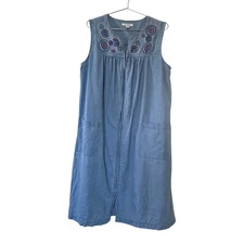 Go Softly Patio Denim Embroidered Zip Front Sleeveless Dress Womens Size L Blue