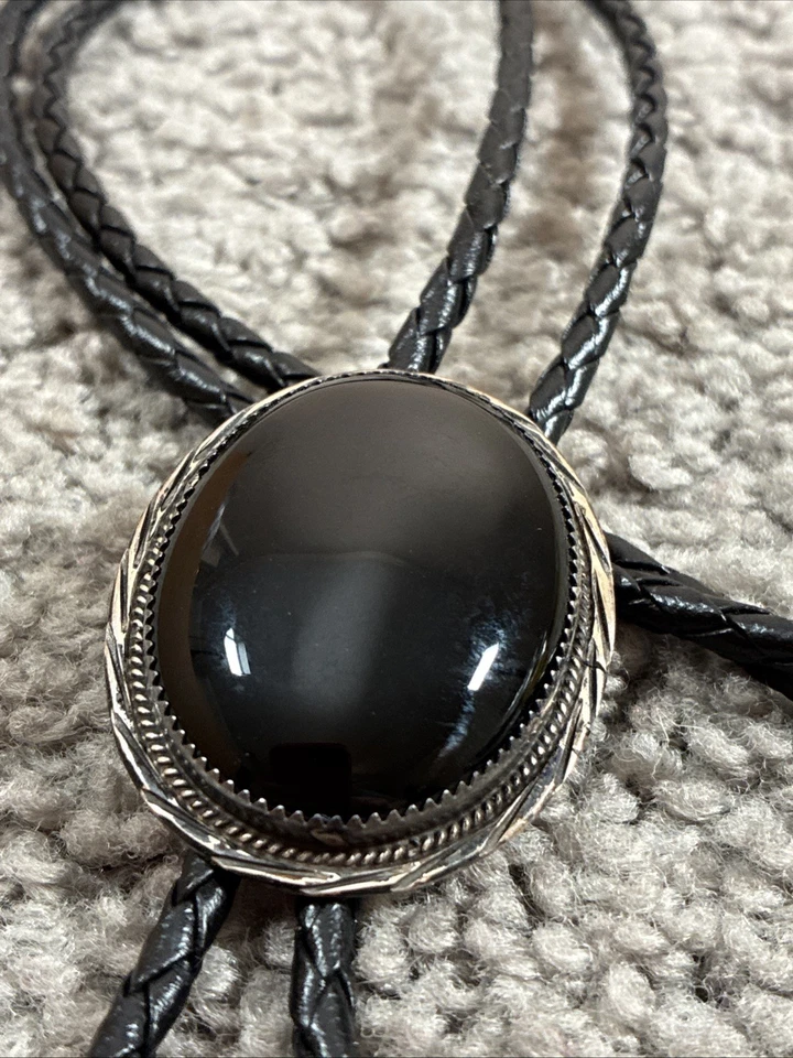 Corbata Bolo Western de plata de ley con ónix para hombre marcada y firmada Foto 2 de 4