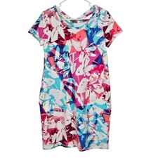 T By Talbots Dress Sz PETITE M Cross Back Cozy Crush Floral Pockets UPF 50